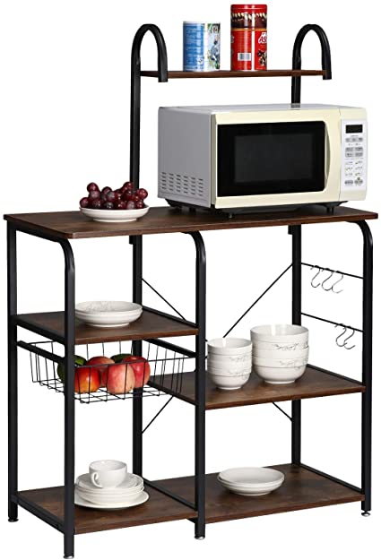 KINGSO Kitchen Baker's Rack Utility Storage Shelf 35.4" Microwave Stand Kitchen Shelf Organizer Work Table with 6-Tier Shelves & 1 Basket for Spice Rack and Shelves for Storage 52.1" Height, Brown