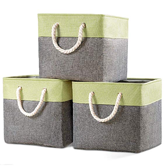 Prandom Large Foldable Cube Storage Baskets Bins 13x13 inch [3-Pack] Fabric Linen Collapsible Storage Bins Cubes Drawer with Cotton Handles Organizer for Shelf Toy Nursery Closet Bedroom(Green)…