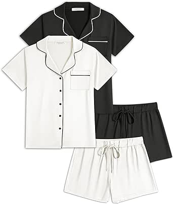 Ekouaer 2 Pack Womens Pajamas Set Button Down Summer Sleepwear Short Sleeve Comfy Pjs Loungewear Set