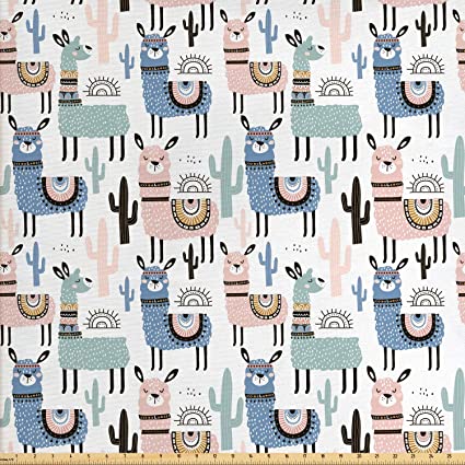 Ambesonne Llama Fabric by The Yard, Children Cartoon Style Hand Drawn South American Animals Alpacas and Llamas Design, Decorative Fabric for Upholstery and Home Accents, 1 Yard, White Teal