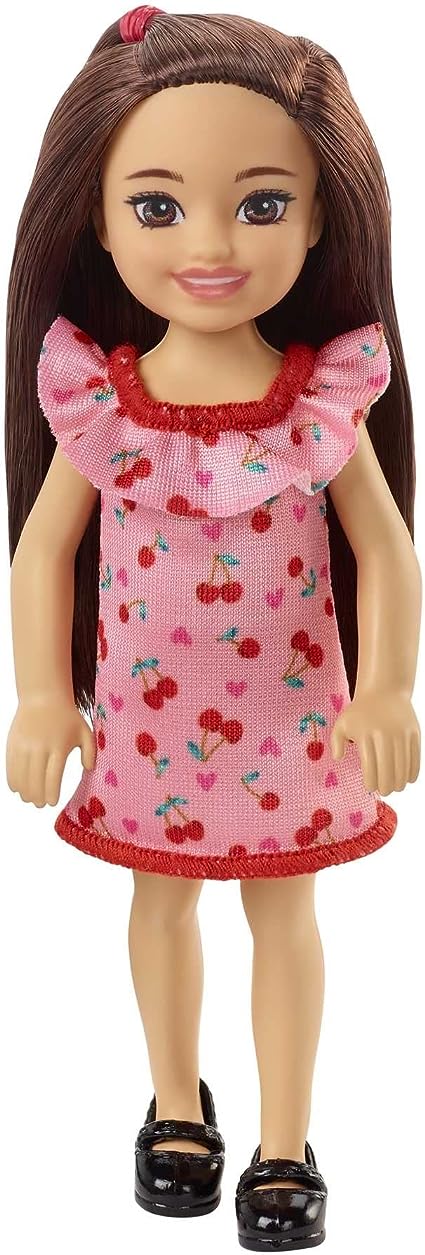 Barbie Chelsea Doll (Brunette) Wearing Ruffled Cherry-Print Dress and Black Shoes, Toy for Kids Ages 3 Years Old & Up