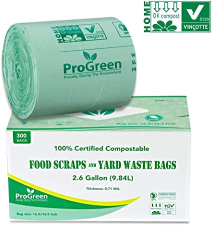 ProGreen 100% Compostable Bags 2.6 Gallon, 300 Count, Extra Thick 0.71 Mil, Small Compost Kitchen Trash Bags, Food Scraps Yard Waste Bags, Compost ASTM D6400 BPI and TUV Austria Certified