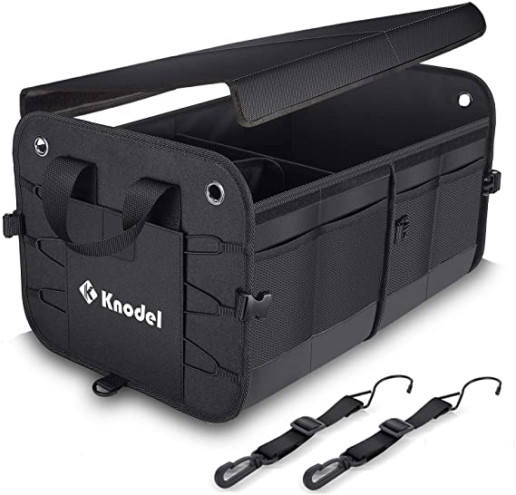 Knodel Car Trunk Organizer, Heavy Duty Collapsible Car Trunk Storage Organizer with Foldable Cover, Car Cargo Trunk Organizer with Lid, 2 Compartments, with Straps (Black)