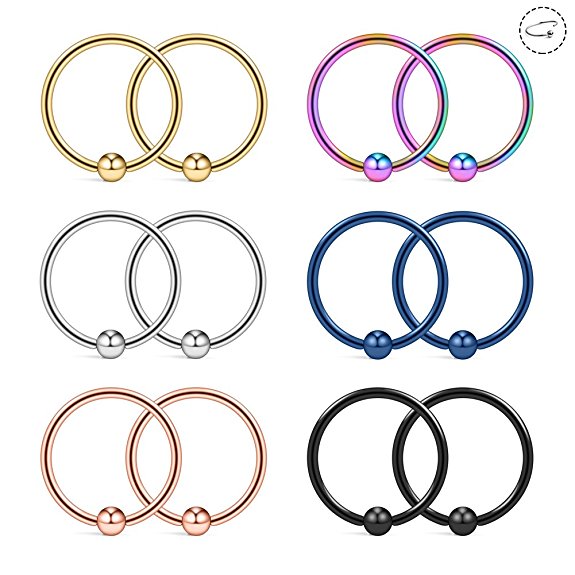 Ruifan 18G 8mm Nose Hoop Lip Eyebrow Tongue Helix Tragus Cartilage Septum Piercing Ring 2-12PCS