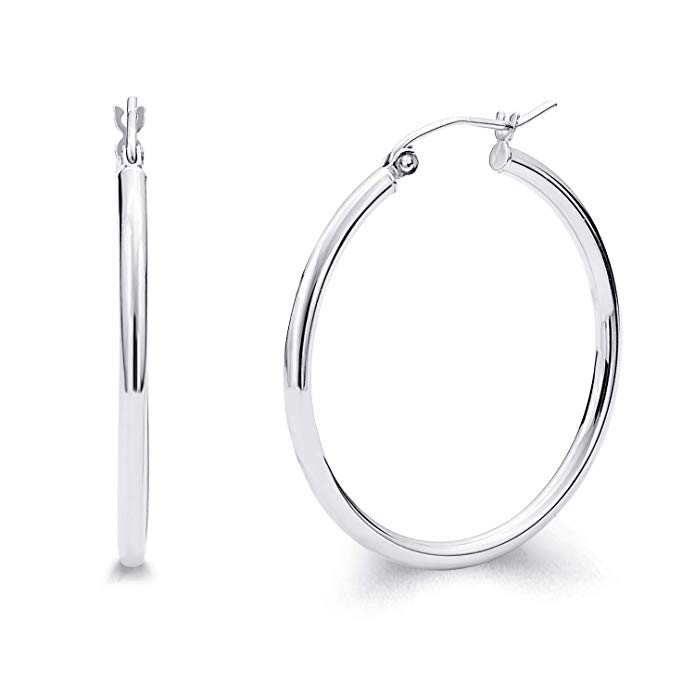 14k REAL White Gold 2mm Thickness Hinged Hoop Earrings - 10 Different Size Available