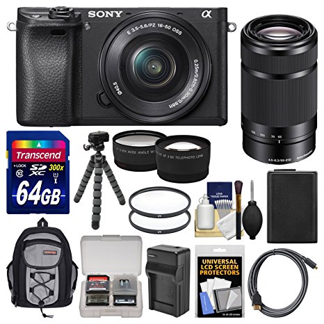 Sony Alpha A6300 4K Wi-Fi Digital Camera & 16-50mm with 55-210mm Lens   64GB Card   Case   Battery & Charger   Flex Tripod   Filters   Kit