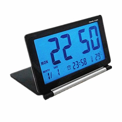 KLAREN Travel Clock, Multifunctional Mini Digital Desk Folding Electronic Alarm with Blue Backlight (Black)