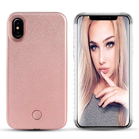 iPhone X Led Case - LONHEO iPhone X Illuminated Cell Phone Case Great for a bright Selfie and Facetime Light Up Case Cover for iPhone 10 with a Free Phone Holder -Rose Gold