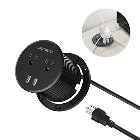 JSVER Desktop Power Grommet Mini Desktop Power Strip Hide Recessed Power Grommet Socket with 2 AC Outlets and 2 USB Charging Ports,Cable for a 3-1/8 Inch Desk Hole for Kitchen Table/Conference Room