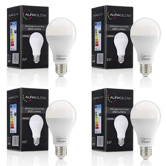 AURAGLOW Super Bright 16w LED E27 Screw Light Bulb, Warm White, 3000K - 1521 Lumens - 100w EQV - Dimmable - Four Pack