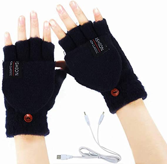Women's & Men's USB Heated Gloves Knitting Hands Full & Half Heated Fingerless Heating Warmer with Button Washable Design, Mitten Winter Hands Warm Laptop Gloves