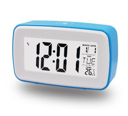 ZHPUAT Smart Light Alarm Clock Snooze Nature Sound and Recording Ringing Date Temperature Camp F Timer Progressively Alarm Both DC and Batteries Operated Blue