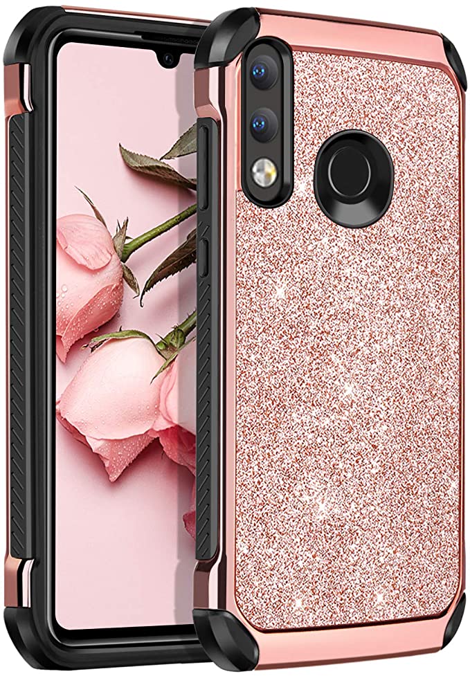 BENTOBEN Case Compatible with Huawei P30 Lite, Sparkly Shiny Glitter Design Slim 2 in 1 Hybrid Soft TPU Bumper Hard PC Cover PU Faux Leather Shockproof Protective Phone Case for Girls Women, Rose Gold