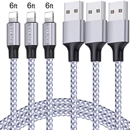 TAKAGI iphone Charger 3PACK 6Feet Extra Long Nylon Braided USB Charging Cable High Speed Connector Data Sync Transfer Cord Compatible with iphone XS Max/X/8/7/Plus/6S/6/SE/5S ipad