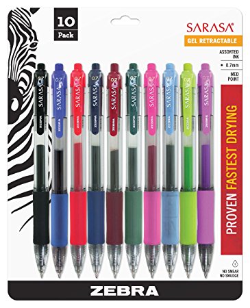 Zebra Sarasa Rapid Dry Ink Gel Retractable Pen, 0.7mm, Fashion Assorted, 10 Pack (46881)