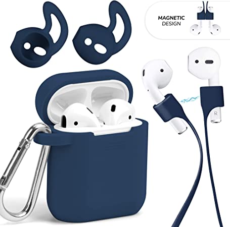 GMYLE AirPods Case Accessories Kit, Silicone Protective Shockproof Wireless Charging Airpod Earbuds Case Cover Skin with Keychain, Ear Hook, Magnetic Strap Set for Apple AirPod 1 & 2 – Navy Blue