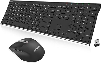 Arteck 2.4G Wireless Keyboard and Mouse Combo Stainless Full Size Keyboard and Ergonomic Mouse with Side Buttons for Computer Desktop PC Laptop and Windows 11/10/8/7 Build in Rechargeable Battery