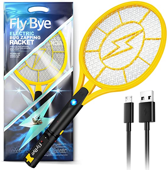 Fly-Bye Fly Swatter - Powerful 4000v Electric Bug Zapper - USB Rechargeable, Bright LED, Mosquito Killer Racket - Fly Zapper - Insect Killer - Bug Zapper Racket