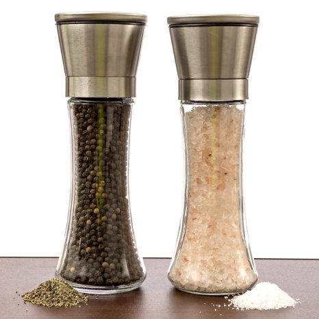 Salt And Pepper Grinder Set - A Dual Set Of Combo Grinders For Salt & Pepper Made Of Thick Glass Combined With Stainless Steel Top - Salt & Pepper Mill Pair , Salt And Pepper Shakers