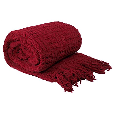 BOON Cable Knitted Throw Couch Cover Blanket, 50" x 60", Burgundy
