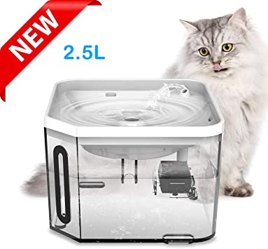 UNIWILAND Cat Dog Water Fountain 2.5L Automatic Pet Drinking Water Dispenser Super Quiet Transparent Healthy and Hygienic Water Bowl with Removable Washable Pump and Charcoal Filter for Dogs, Cats