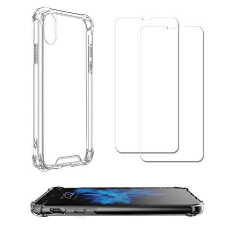 Onc Tech iPhone X Clear Case with 2 Pack of Tempered Glass Screen Protectors, Protective Slim TPU Bumper, Hard PC Back Cover Case, 2 of 9H 0.33mm Thickness Shield Glass