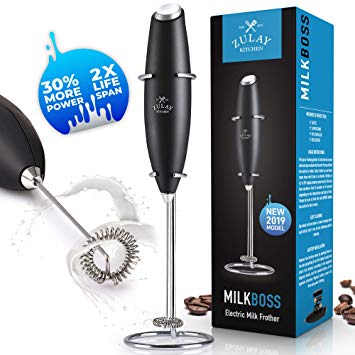 NEW 2019 FASTER, STRONGER & LONGER LASTING Milk Boss High Powered Milk Frother Handheld Foam Maker for Lattes - Whisk Drink Mixer for Bulletproof® Coffee Frother, Mini Blender and Milk Foamer Frother for Cappuccino, Frappe, Matcha, Hot Chocolate by - Zulay