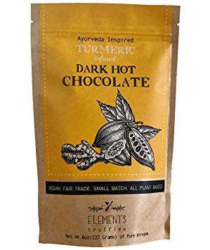 Elements Truffles Turmeric Infused Dark Hot Chocolate - All-Natural, Handmade, Small-Batch Dark Hot Chocolate Mix - Uses Ecuadorian, Fair Trade, Organic Cacao Powder - Vegan Hot Cocoa Mix - 8 Ounces