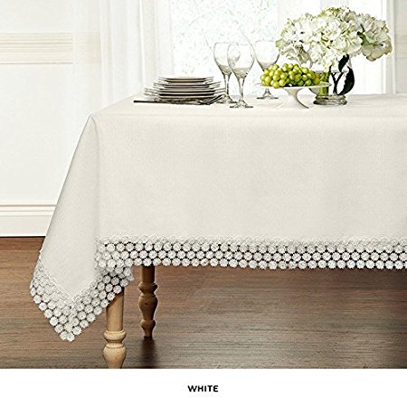 Ultra Luxurious Textured Macrame Trim Fabric Tablecloth By GoodGram - Assorted Sizes & Colors - White, 60" x 120" Rectangle (10-12 Chair)