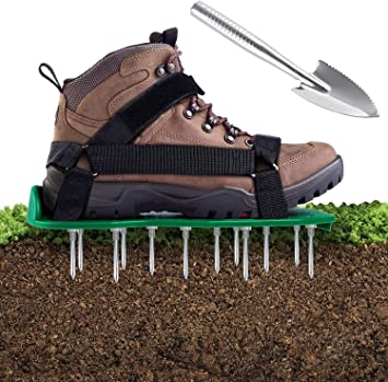 Ohuhu Lawn Aerator Shoes with Stainless Steel Shovel, Spiked Aerating Sandal with Hook & Loop Straps for Aerating Your Lawn or Yard, Easy to Use, One-Size-Fits-All, Green