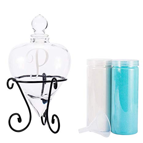 AF ANDREW FAMILY Monogrammed Etched Wedding Glass Heart Shaped Unity Set with Metal Stand-Initial P White& Blue Sand Included