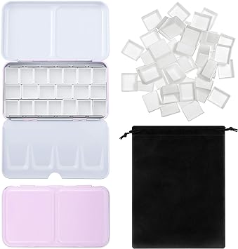 51 Pieces Watercolor Paint Palette and Half Pans Set Watercolor Tin Box Metal Palette Paint Case with Lid Empty Watercolor Pans with Black Storage Bag for Travel Painting Artist (Pink)