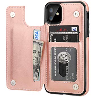 iPhone 11 Wallet Case with Card Holder,OT ONETOP PU Leather Kickstand Card Slots Case,Double Magnetic Clasp and Durable Shockproof Cover for iPhone 11 6.1 Inch(Rose Gold)