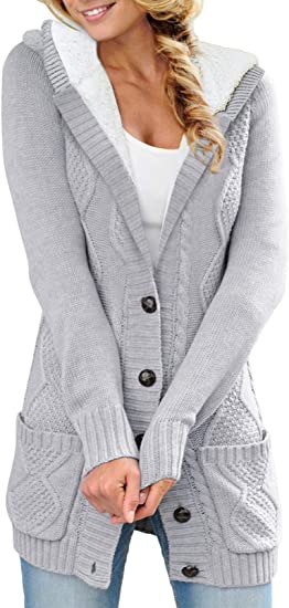 Sidefeel Women Hooded Fleece Lined Sweater Cardigan Button Down Front Winter Coat