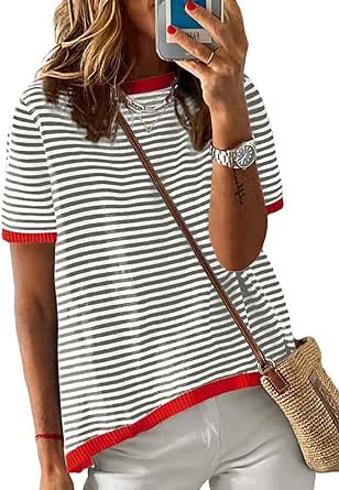 Dokotoo Womens Summer Tops Casual Crewneck Short Sleeve Striped Color Block Knitted High Low Trendy Pullover T Shirts Blouse