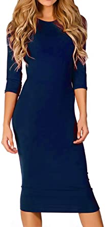 ICONOFLASH Women's 3/4 Sleeve Bodycon Midi Dress Crew Neck Fitted Dresses with Plus Size Options