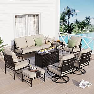 Sophia & William Patio Furniture Sets for 9 with 45" Gas Fire Pit Table Outdoor Conversation Sets 8 Pcs, 2xSofa Chairs, 2xSwivel Cushion Chairs, 1x3-Seat Sofa, 2xOttomans for Porch Poolside Beige