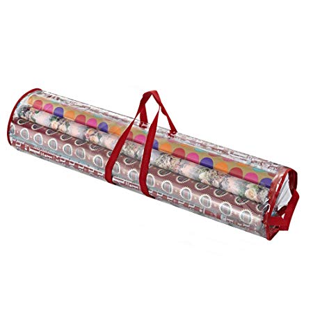 Primode Gift Wrapping Paper Storage Bag Organizer for All Your Gift Wrap & Ribbons, Fits Long 40 Inch Rolls, Hold Up to 24 Rolls, Heavy Duty Clear PVC Bag with Top and Side Handles(Red)
