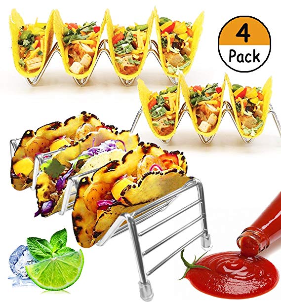 4 Pack - Stainless Steel Taco Holder, STNTUS INNOVATIONS Taco Stand Up Rack | Taco Party Platters and Serving Trays, 12 to 16 Space for Hard or Soft Shells