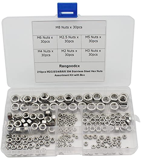Raogoodcx 210pcs M2/2.5/3/4/5/6/8 304 Stainless Steel Hex Nuts Assortment Kit with Box