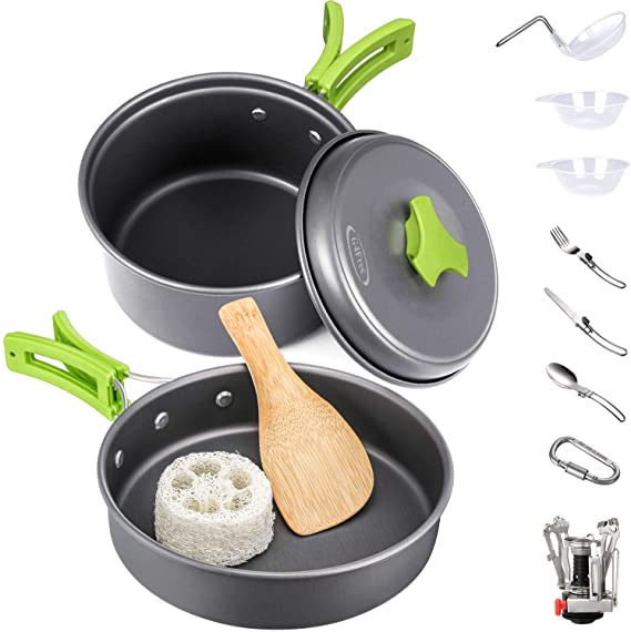 G4Free Camping Cookware Mess Kit 4/13 Piece Hiking Backpacking Picnic Cooking Bowl Non Stick Pot Pan Knife Spoon Set