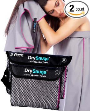 DrySnugs - Microfiber Travel Towels (2 PACK - Perfect Size Combo: Lrg & Med) with Carry Pouches - by TravelSnugs