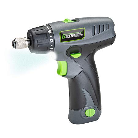 Genesis GLSD08B 8V Lithium-Ion Battery-Powered Quick-Change 2-Speed Cordless Screwdriver with LED Work Light, Battery Pack, Charging Stand, 4 Hex-Shank Drill Bits, and 4 Screwdriver Bits