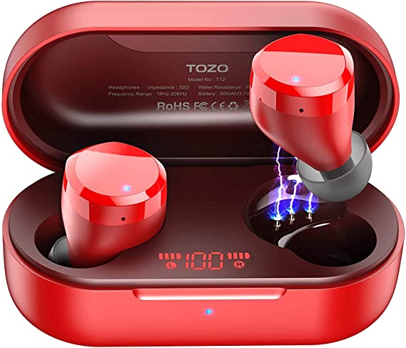 TOZO T12 Wireless Earbuds Bluetooth Headphones Premium Fidelity Sound Quality Wireless Charging Case Digital LED Intelligence Display IPX8 Waterproof Earphones Built-in Mic Headset for Sport Red