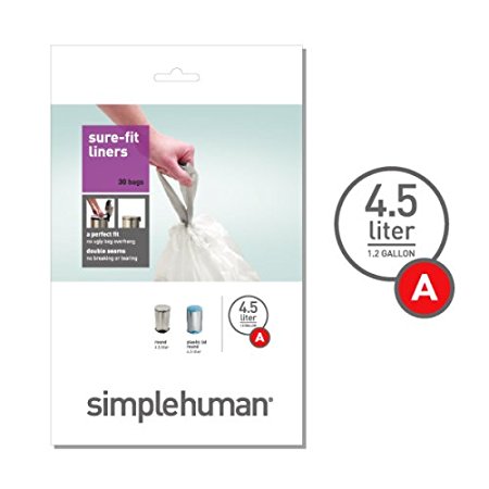 simplehuman code A custom fit liners, (30 liners), 4.5 L/1.2 gallon, White