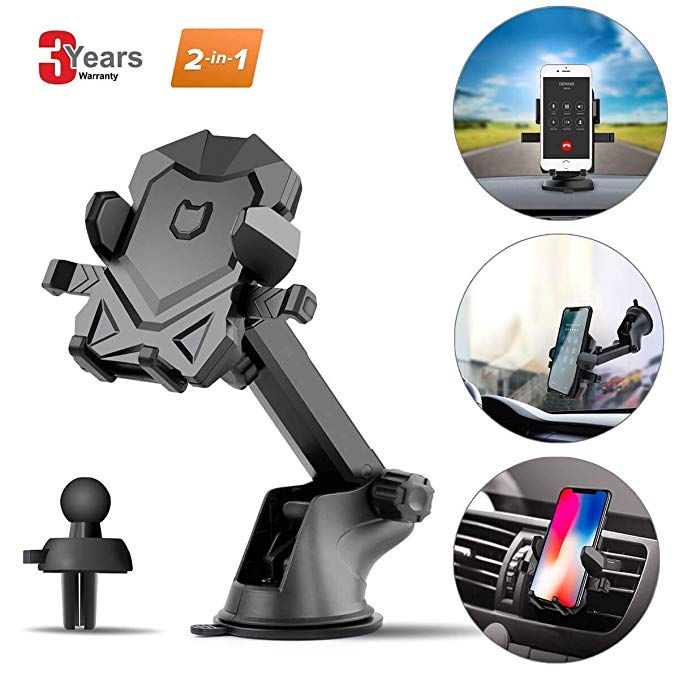 Car Phone Mount Universal Phone Holder 360 Degree Rotating Long Arm Phone Cradle for Car Air Vent Dashboard Windshield Compatible with Cell Phone 4-6 Inches