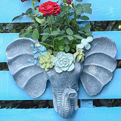 Sungmor Elephant Head Shaped Wall Hanging Planter, Flower Plant Pot - Resin & Hand Painted & Grey - Sculpture Outdoor Garden Wall Decor, Plant Containers