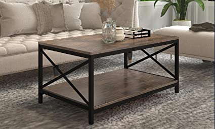 Homaterial Industrial Coffee Table Metal Frame with Open Storage Shelf, Farmhouse Coffee Table for Living Room, Rustic Brown