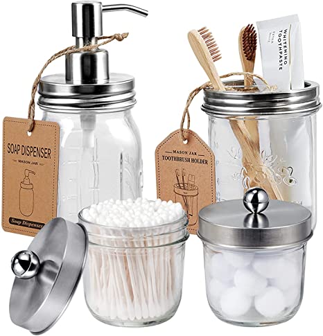 Mason Jar Bathroom Accessories Set(4 Pack) - Lotion Soap Dispenser&Qtip Holder Set&Toothbrush Holder-Rustic Farmhouse Decor Apothecary Jar Bathroom Countertop,Vanity Organize (Silver)