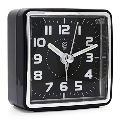 JCC Mini Travel Analog Alarm Clock, Non-Ticking-Battery Operated, Quartz Clock with 5 min Snooze- Loud Ascending Sound- Alarm Clocks with Night Light for Traveling, Backpacking (Black - Square Dial)